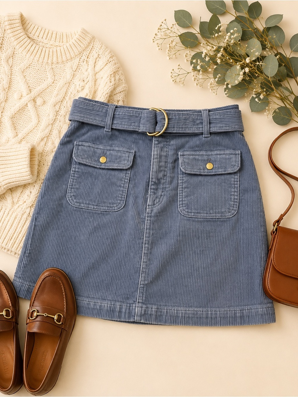 LOFT Blue Corduroy Belted Mini Skirt Size 12 Gold Hardware